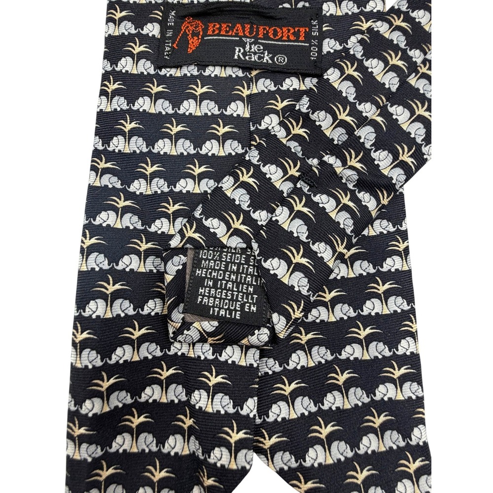 Beaufort Tie Rack Elephant Palm Tree Silk‎ Mens Tie Black Gold Italy Made 59.5"L - Picture 5 of 8